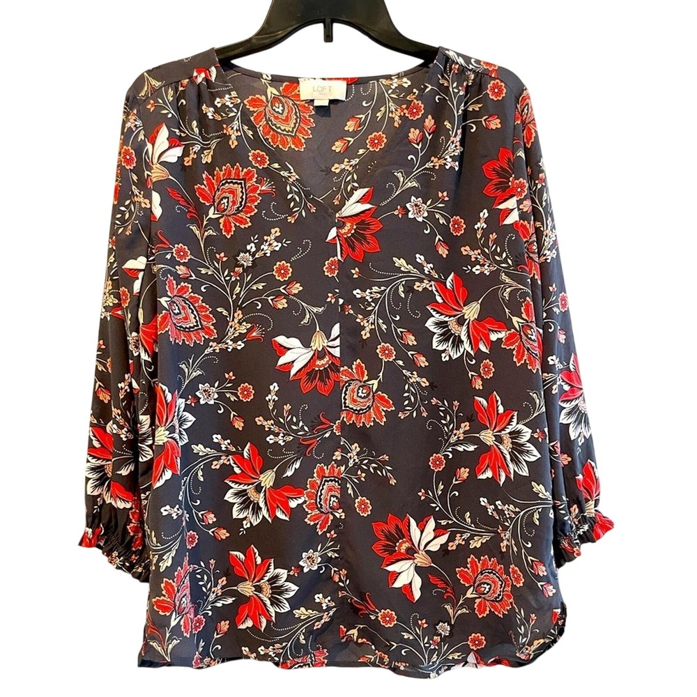 Loft Blouse Black Red Floral Boho V-Neck Smocked Cuff Career Womens Medium